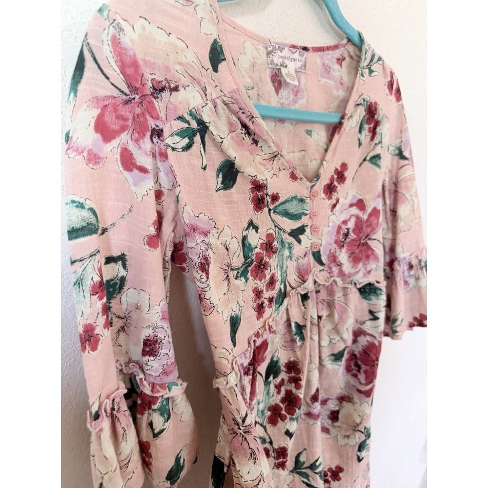 Band of Gypsies Pink Floral Empire Waist Bell Sleeve Boho Top‎ XS Pockets - Picture 4 of 11